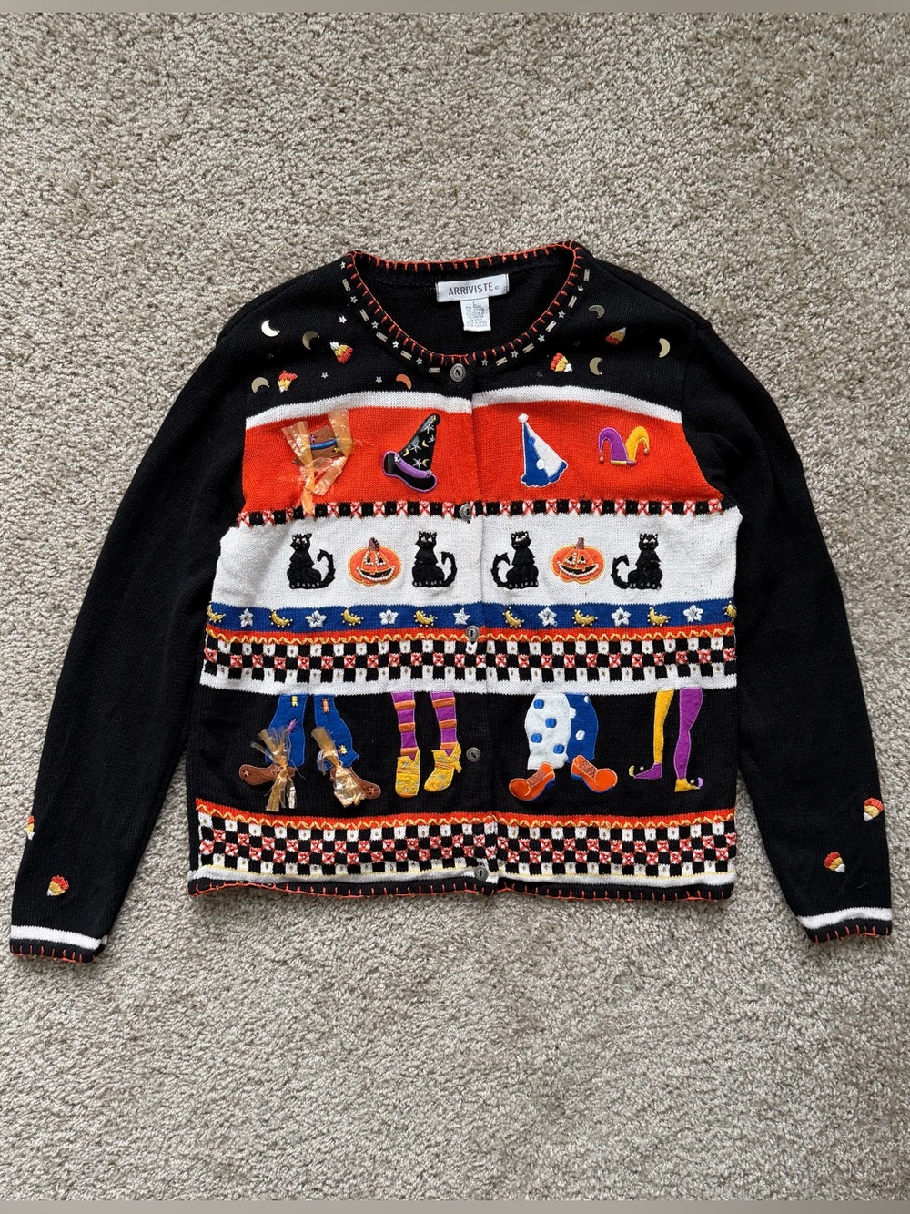 Vintage Arriviste Halloween Cardigan Sweater Black Cats Pumpkins Witch Size L